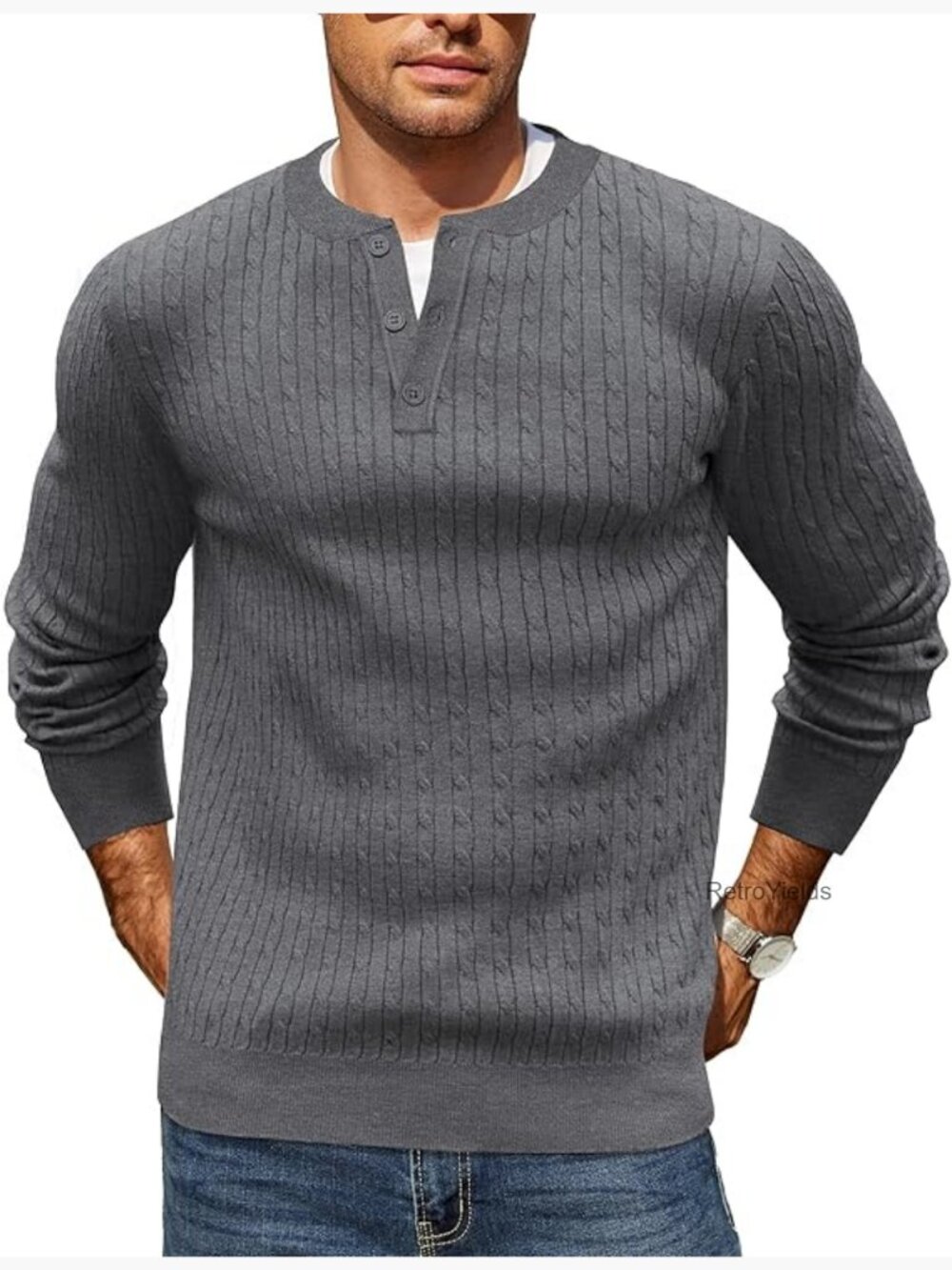 Men's Cable Knit Henley Sweater Long Sleeve Pullover